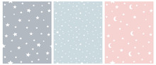 Tiny Stars Vector Patterns. Irregular Hand Drawn Simple Starry Sky Print For Fabric, Textile, Wrapping Paper. Infantile Style Galaxy Design. Little Stars Isolated On A Gray, Blue And Pastel Pink. 