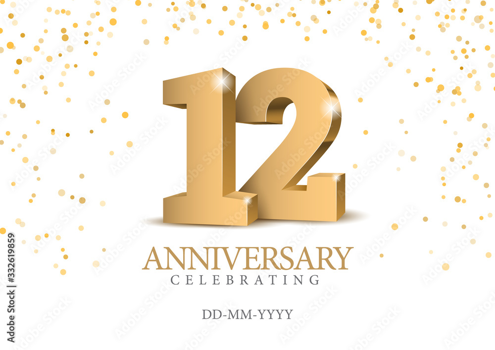 Anniversary 12. gold 3d numbers. Poster template for Celebrating 12th anniversary event party. Vector illustration - obrazy, fototapety, plakaty 