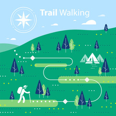 Hiking map, forest trail, running or cycling path, orienteering game, lush landscape with hills and trees