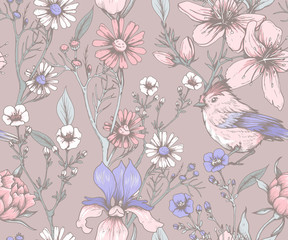  Seamless vintage pattern with flowers and birds