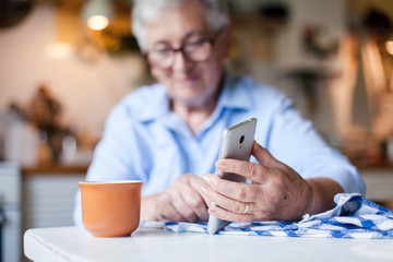 Senior woman using mobile phone at home kitchen. Retired person shopping online. People connection, communication with gadget, delivery in isolation. Pensioner reading news. Close up of aged hands.