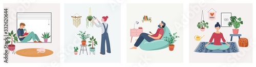 Fotografía Quarantine, stay at home concept series - people sitting at their home, room or apartment, practicing yoga, enjoying meditation, relaxing on sofa, reading books, baking and listening to the music