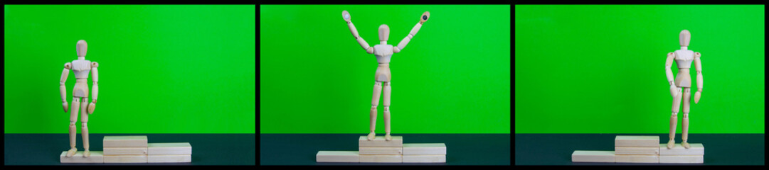 Full length portrait of male winner on winner's pedestal, on green background. The composition of 3 components: 3 place, 2 place and 1 place winner