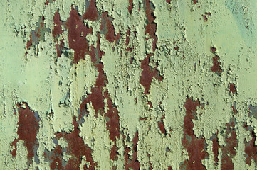 Green rust metal decayed crumpled sheet wide background.