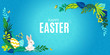 © MySunShine - Happy Easter frame with rabbit, eggs, leaves, flowers, butterflies. Cute easter card with white hare and eggs pattern on bright blue background. For banners, invitation. Vector illustration