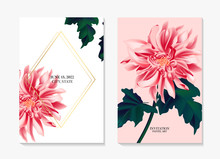 Dahlia Daisy Sunflower, Romantic Floral Template. Wedding Card In Soft Pink Colors, Summer Season Wild Flower Buds, Bloom , Leaves. Vector