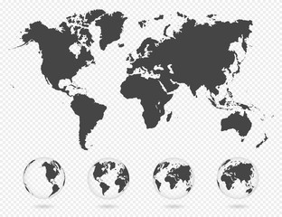  Set of transparent globes of Earth. World map template with continents. Realistic world map in globe shape with transparent texture and shadow. Abstract 3d globe icon