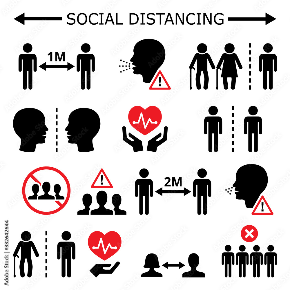 Social distancing during pandemic or epidemic vector icons set, keeping a distance between people, self-quarantine and self-isolation in society concept - obrazy, fototapety, plakaty 