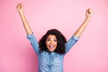 Sticker - Portrait of crazy funky afro american girl hear unbelievable lottery win news impressed scream wow omg raise fists wear casual style clothing isolated over pink color background