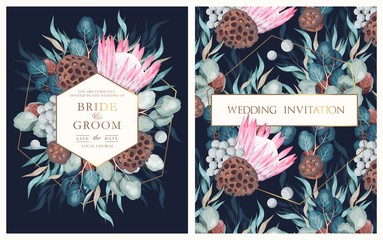 Canvas Print - Vintage wedding card with flowers and greenery