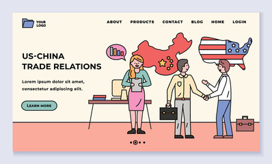 Wall Mural - Us and China trade relations, people representing countries at meeting. Handshake of businessmen partners making agreement. Flags and office interior. Website or webpage template, landing page vector