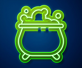 Glowing neon line Witch cauldron icon isolated on blue background. Happy Halloween party. Vector Illustration