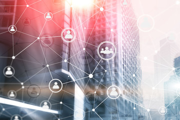 Wall Mural - smart city and social media people icons communication network on modern city background.