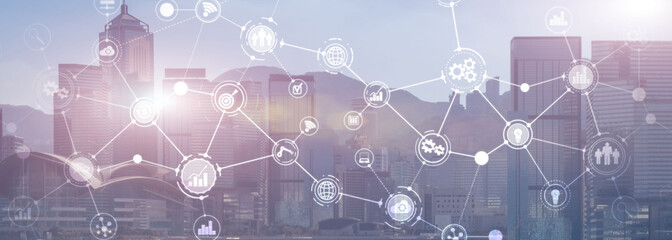 Wall Mural - business organizational structure innovation automation technology panoramic website header backgrou