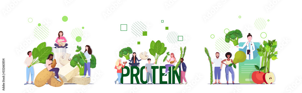 set doctor nutritionist explaining to patients properties of fresh vegetables fruits herbs seeds healthy nutrition vegan protein concept full length horizontal vector illustration - obrazy, fototapety, plakaty 