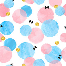 Abstract Celebration Background With Pink And Blue Watercolor Circles. Vector Seamless Pattern.