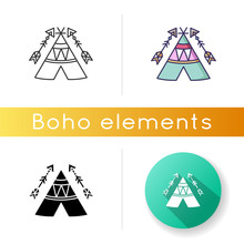 Tribal Teepee In Boho Style Icon. Native American Indian Dwelling. Hut With Ethnic Ornaments. Wigwam And Arrows. Ethnic Decoration. Linear Black And RGB Color Styles. Isolated Vector Illustrations