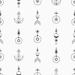 Wall Mural - Abstract seamless sacred geometric symbols pattern. Modern stylish texture. Linear style. Vector monochrome background.