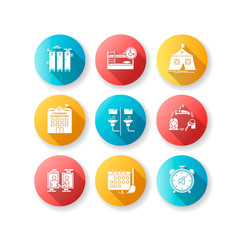 Sticker - Living in dormitory flat design long shadow glyph icons set. Lockers. Mixed bedroom. Company dorm. Neighborhood. Cleaning schedule. Quiet hours. Communal bathroom. Silhouette RGB color illustration