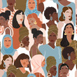 Seamless pattern with women different nationalities and cultures. Girl power, feminism, sisterhood concept. Texture for textile, packaging, wrapping paper, social media post etc. Vector illustration.