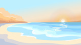 Fototapeta Zachód słońca - Beach at dawn. Beautiful landscape in cartoon style.
