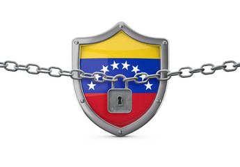 Venezuela lockdown concept. Shield with lock and chain. 3D Render