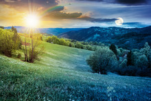 Time Change Above Rural Landscape In Mountains. Countryside Scenery On An Overcast Weather In Spring In With Sun And Moon. Day And Night Change Concept