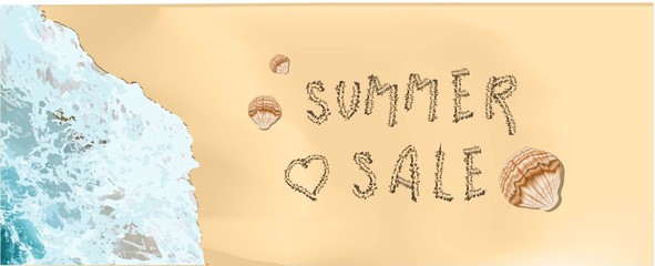 Wall Mural - Hello summer. Realistic ocean waves and beach. Horizontal banner for advertising and summer discounts. .