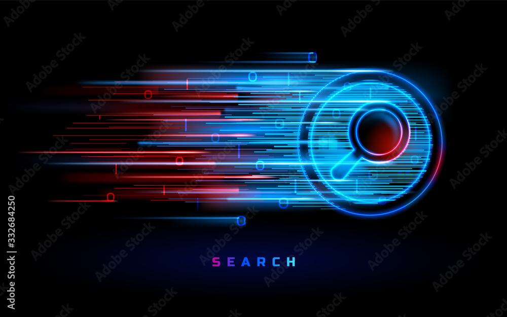 Internet search engine technology, vector red blue neon magnifier sign background. Website search and SEO optimization, web data digital analysis, digital marketing and online information - obrazy, fototapety, plakaty 