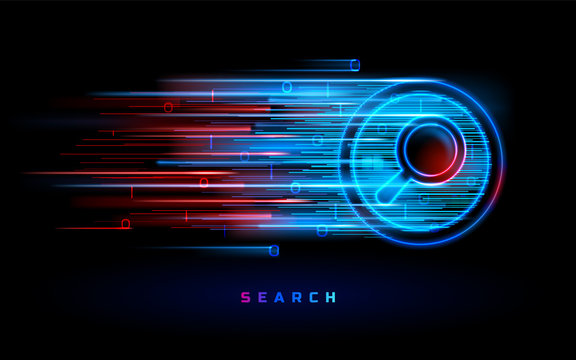 Internet search engine technology, vector red blue neon magnifier sign background. Website search and SEO optimization, web data digital analysis, digital marketing and online information
