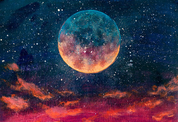 Fantastic oil painting beautiful big planet moon among stars in universe. Fantasy concept cosmos fine art paintingartwork for book illustration