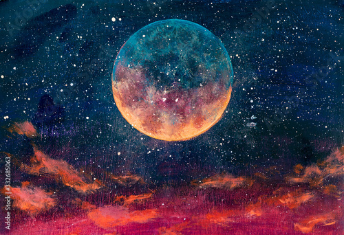 Fantastic oil painting beautiful big planet moon among stars in universe Tableau sur Toile