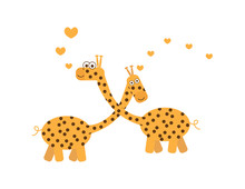 Two Cute Orange Cartoon Giraffes With Brown Dots And Hearts On White Background