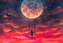 Painting Girl Guy Rides On Swing In Sky Against Background Of Beautiful Purple Pink Sunset And Starry Sky. Romantic Fantastic Landscape For Fairy Tales Or Illustration For Book.