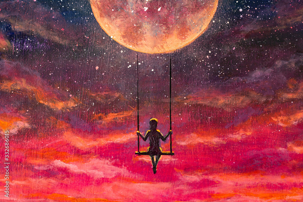 Oil painting fantasy art. The illustration shows man girl who is riding on swing on big planet in beautiful pink sunset cosmos. - obrazy, fototapety, plakaty 