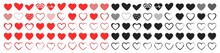 Set Of 100 Like And Heart Icons. Live Stream Video, Chat, Likes. Social Nets Like Red Heart Web Buttons Isolated On White Background. Vector Illustaration.
