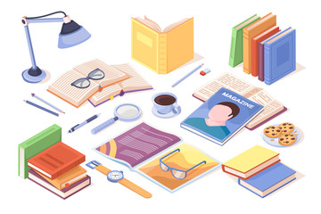 Table with books and opened magazine. Pile of literature. Vector sign design for teacher or working detective, student study equipment. Diary. Reading and studying, learning, knowledge illustration