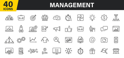 Set of 40 Management web icons in line style. Media, teamwork, business, planning, strategy, marketing. Vector illustration.