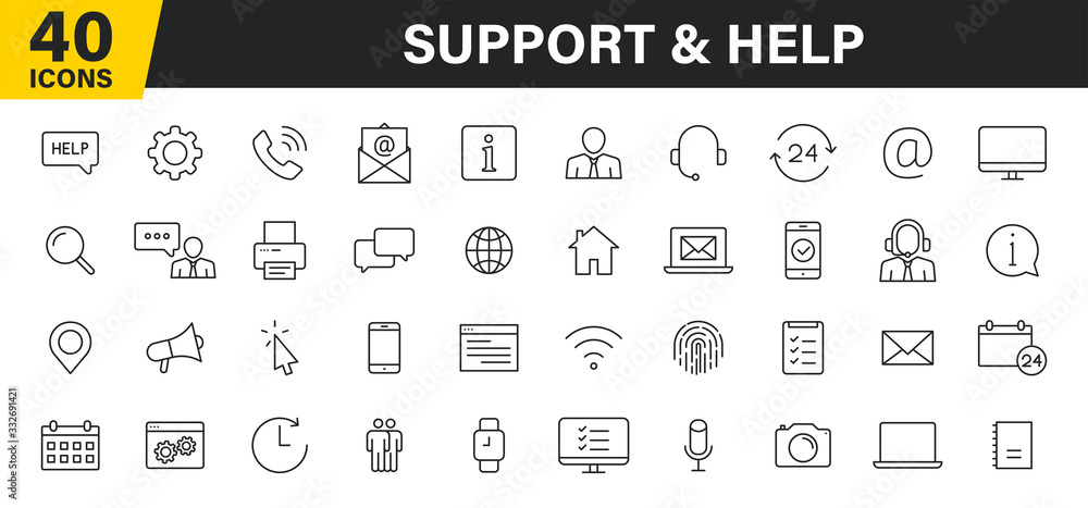 Set of 40 Support and Help web icons in line style. Assistance, email, customer, 24 hrs, service, contact. Vector illustration. - obrazy, fototapety, plakaty 
