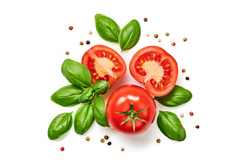 Tomato cherry, basil, spices, pepper. Fresh organic tomatoes, isolated on white. Vegan veggies diet food. Basil, herb and cherry tomatoes, cooking concept, top view.