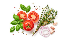 Tomato, Basil, Spices, Pepper, Onion, Thyme. Vegan Diet Food, Creative Composition Isolated On White. Fresh Basil, Herb And Tomatoes, Cooking Concept, Top View.