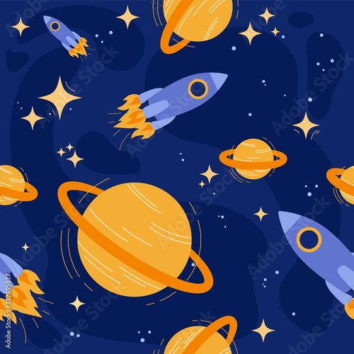 wektorowy-bezszwowy-wzor-z-rakietami-pomaranczowymi-planetami-i-gwiazdami-na-zmroku-blekitny-tlo-pocztowka-do-dnia-astronautyki