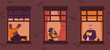 Windows with neighbors daily life in apartments, flat cartoon vector illustration.