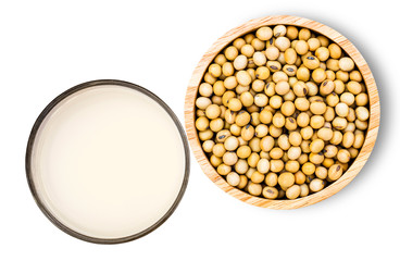 Sticker - Soy beans and glass of soy milk isolated on white background. Top view. Flat lay.