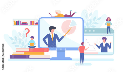 Fotografía Online business educational concept people training and learning, computer sqreen with teacher or trainer, books and tiny people flat vector illustration