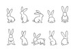 bunny outline vector set, rabbits in different position collection, monochrome, easter, line art, outline, isolated on white background