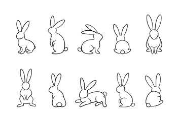 bunny outline vector set, rabbits in different position collection, monochrome, easter, line art, ou
