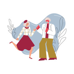 Wall Mural - Senior couple characters dancing or dating sketch vector illustration isolated.