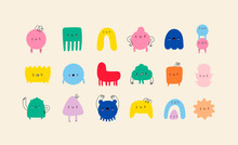 Hand Drawn Cute Tiny Little Doodle Monsters. Cheerful Face Emotions. Colorful Big Vector Set. Trendy Illustration For Kids. All Elements Are Isolated 