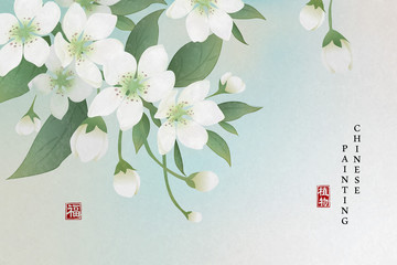 Wall Mural - Chinese ink painting art background plant elegant flower pear blossom. Chinese translation : Plant and Blessing.